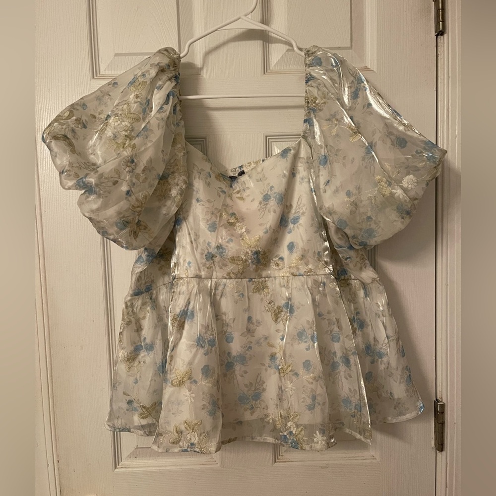 ARULA Sheer Floral Peplum Blouse in White, Blue & Gold
